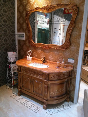 欧式浴室卫浴柜组合美式浴室柜落地红橡木洗漱台洗手盆大理石台面
