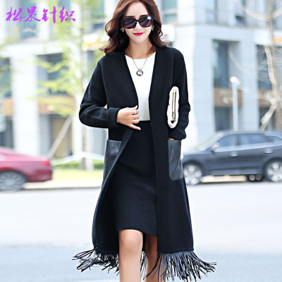 2015韩版新款羊绒大衣女开衫V领中长款宽松流苏长袖毛衣针织外套