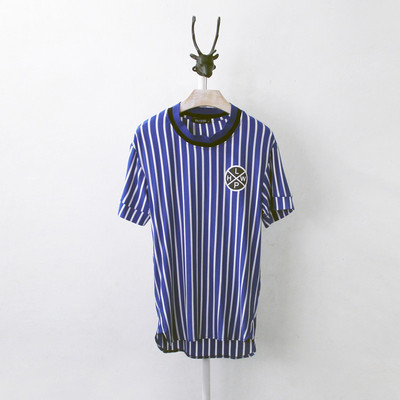 2015春夏新款个性竖条纹运动棒球衣短袖t恤男数字印花圆领T恤男