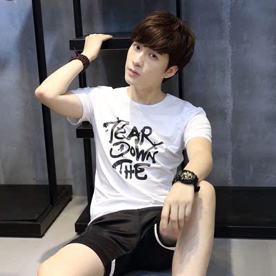 夏季男装短袖T恤 韩版修身男士个性弹力圆领纯棉潮流体恤男衣服