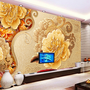 中式客厅沙发3D仿金色玫瑰花纹电视背景墙 卧室大型壁画 无缝墙布