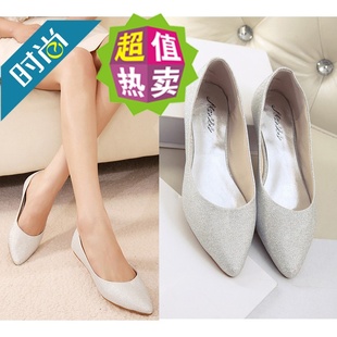 【天天特价】韩版夏季蓝色金色银色尖头平底单鞋大码平跟伴娘鞋42