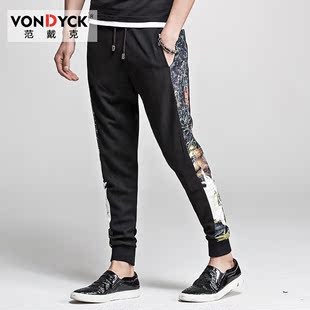 VONDYCK/范戴克新款个性潮男花卫裤 男士黑色修身小脚裤休闲长裤