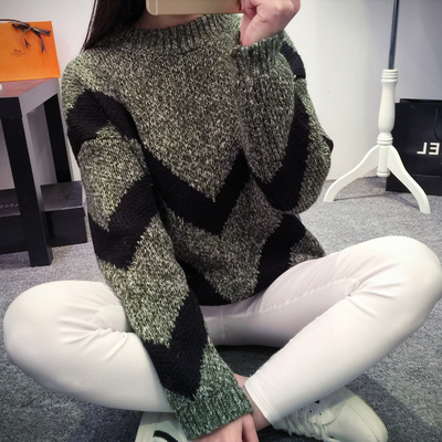冬季新款韩版条纹大v撞色圆领套头宽松花色加厚针织衫外套毛衣 女