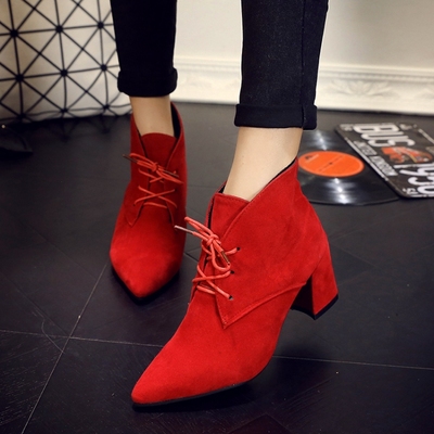 2016秋冬欧美新款磨砂皮女鞋尖头粗跟红色女靴子高跟短靴女马丁靴