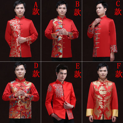 新款秀禾服男士 中式新郎结婚礼服 改良红色唐装民族古装中山装夏