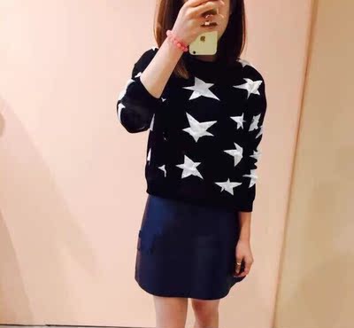 2015秋冬新款韩版明星同款黑白星星系列加厚长袖短款毛衣针织衫女