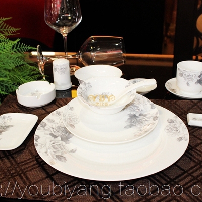 酒店餐厅摆台陶瓷餐具 碗碟茶杯茶壶组合套装 中式水墨画牡丹花