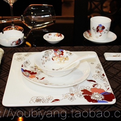 酒店饭店陶瓷摆台套装餐具 碗筷茶杯壶 餐厅骨碟西餐盘 黄金花朵