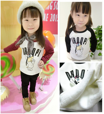 儿童T恤 韩版男女童加绒字母卡通长袖卫衣 女童时尚打底衫