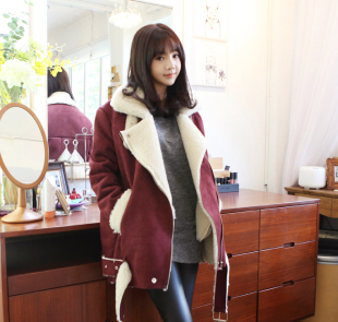 新品2015冬装女士韩版棉衣修身羊羔毛中长款大衣女麂皮绒毛呢外套