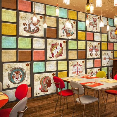 环美3D立体卡通12星座拼图墙纸咖啡厅奶茶店背景大型壁画酒吧壁纸