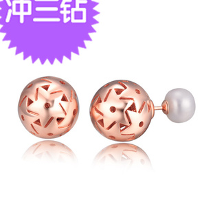 925纯银欧美镂空珍珠耳钉韩国创意两戴两用耳饰