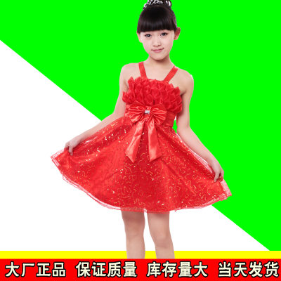 儿童中国红吊带纱裙演出服女童亮片公主裙花童小主持人蝴蝶夹礼服