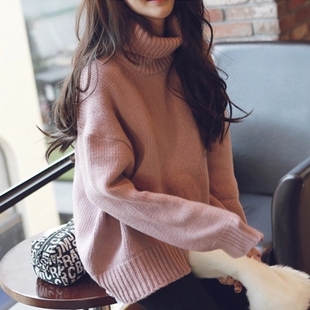 2016秋冬装宽松版大码毛衣女高领长袖套头藕粉色显瘦韩版针织衫