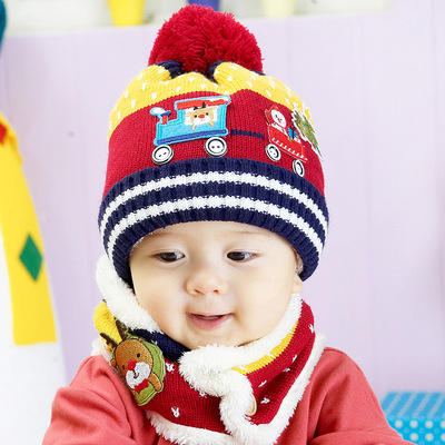 冬季加绒 儿童圣诞汽车帽子围脖两件套(5色)批发