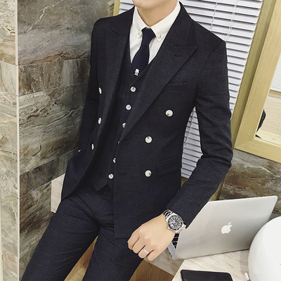 韩版高端商务绅士时尚修身西服三件套潮男英伦条纹双排扣西装礼服