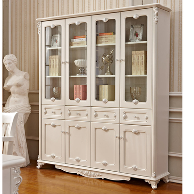美家家欧式三门实木雕花书柜带玻璃门 法式书房家具成人书架书橱