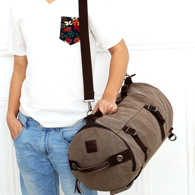 新款复古多功能双肩包男青年三用帆布休闲旅行背包学生书包水桶包