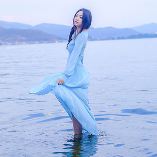 2015秋季新款海边度假天蓝色雪纺长袖连衣裙复古优雅显瘦大摆长裙