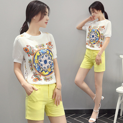 2016夏装新款韩版时尚显瘦短袖印花上衣哈伦短裤套装女涩谷咪