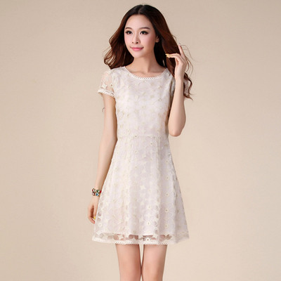 2015年夏季新款修身连衣裙韩版蕾丝绣花甜美短袖裙夏装品牌女装裙