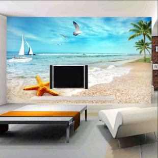 简约清新大型壁画3D立体电视背景墙纸客厅沙发卧房海洋沙滩风景