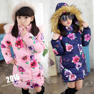 女童棉衣外套冬装加厚孩棉袄儿童装冬季中长款双排扣花朵图案