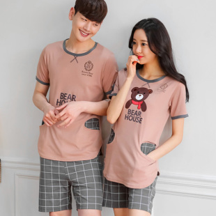 夏季新款韩版卡通小熊情侣棉质短袖睡衣男女士可爱学生家居服套装