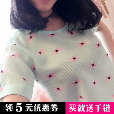 2015春夏季女装新款韩版大码网格印花短袖宽松雪纺衫t恤女上衣