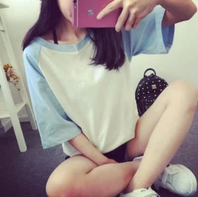 闺蜜夏季大码女装韩版半袖姐妹中学生宽松七分衫原宿风短袖T恤潮
