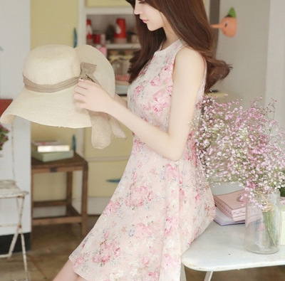 2015夏装新款韩版女装复合蕾丝无袖修身甜美绣花荷叶袖连衣裙边女