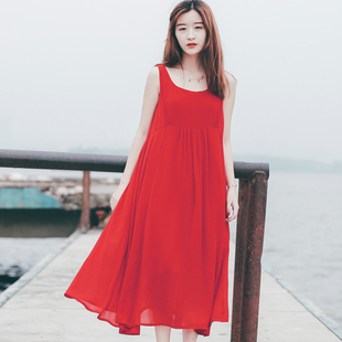从来如花原创复古文艺范简约红色连衣裙纯色女神范宽松无袖长裙夏