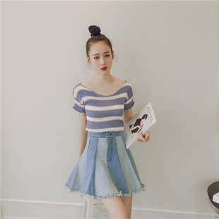 2016夏季新款韩版女气质修身低圆领拼色横条纹显瘦冰丝套头针织衫