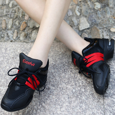 三莎女式网面现代舞鞋夏季爵士鞋广场舞蹈鞋软底增高跳舞鞋健身鞋