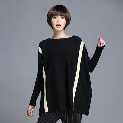 2016秋冬韩版女宽松显瘦蝙蝠袖针织衫中长款拼接圆领套头大码毛衣