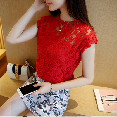 2017春夏季韩版甜美新款小衫蕾丝显瘦T恤无袖百搭修身大红上衣女
