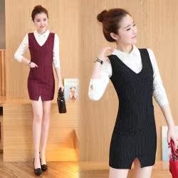 2016秋季新款女装韩版时尚两件套衬衫中长款条纹气质职业连衣裙潮