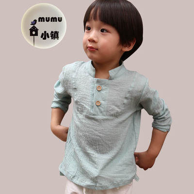 韩国儿童装长袖T恤衬衣棉麻男女童纯白色衬衫亚麻打底衫小孩上衣
