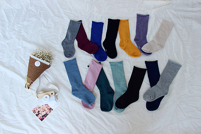 韩国春秋薄款纯棉卷边堆堆袜纯色松口男女儿童中筒袜宝宝长筒袜子