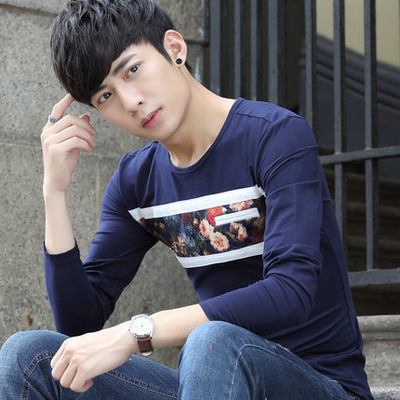2016年秋季新款韩版修身男士v领长袖t恤条纹印花青年纯棉男装衣服