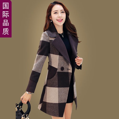 品牌女装新款2016秋冬装羊毛呢子长袖外套格子大衣中长款修身大码