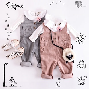 2016秋季韩国儿童两件套装女童灯芯绒背带裤+纯棉打底衫中小童装