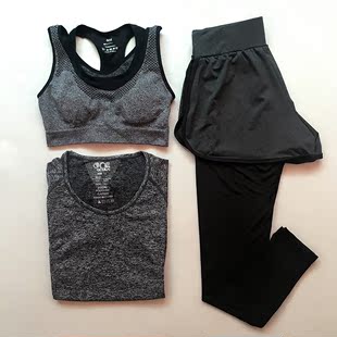 瑜伽健身服运动三件套装夏女速干短袖T恤跑步健身裤防震运动文胸