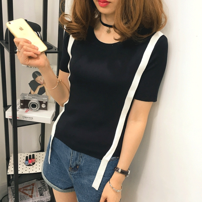 2016秋装毛衣T恤女五分袖上衣短袖秋季韩版新款格子黑色毛衣