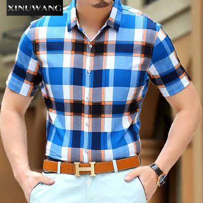 希努王男士短袖衬衫2016夏季新款中年商务丝光棉衬衣免烫格子寸衫
