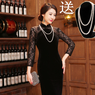 2016秋冬新款长袖旗袍中国风黑色蕾丝改良修身年会日常复古旗袍