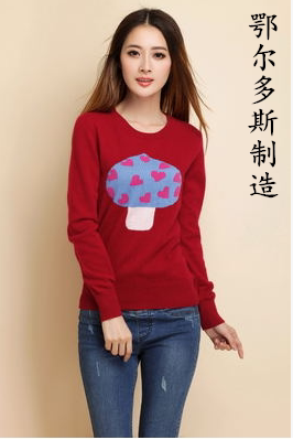 100%羊绒衫 韩版新款长袖打底衫 蘑菇图案套头女士毛衣