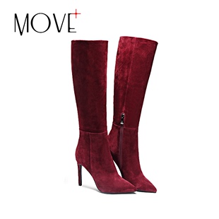 冬季新款马靴羊皮加绒瘦腿酒红高筒靴女性感尖头长靴高跟细跟靴子