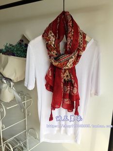 秋季新款棉麻围巾红色超大波西米亚几何图案旅游拍照披肩围巾两用